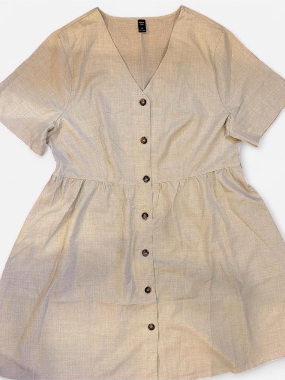 SHEIN Neutral Beige Button-Front V-Neck Short Dress